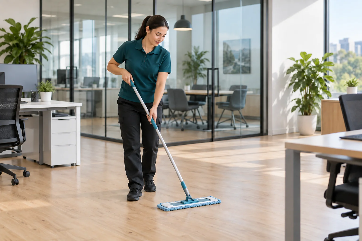 Illustration of a cleaner mopping the floor in a modern office