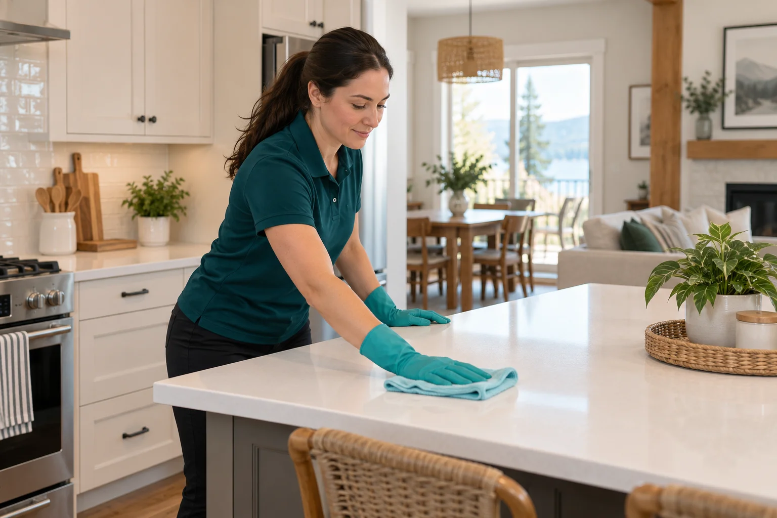 Illustration of a cleaner wiping a kitchen island in a bright home